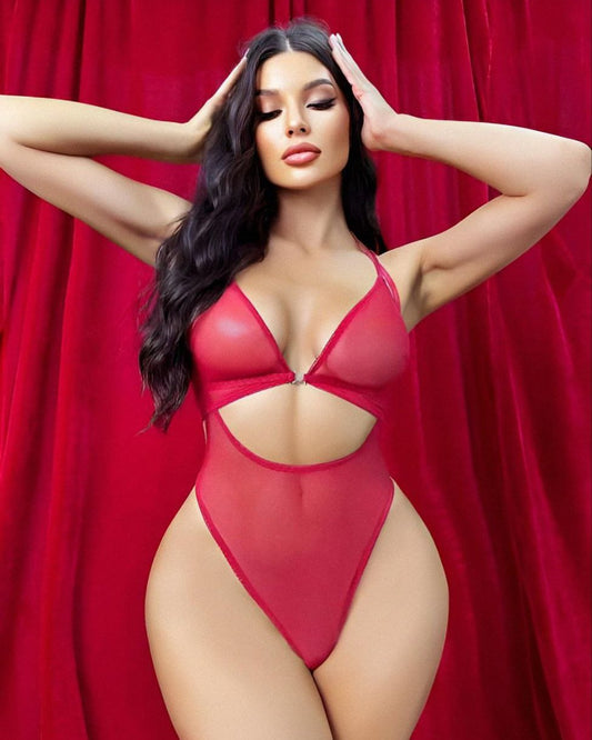 Kırmızı Desenli Transparan Fantazi Body