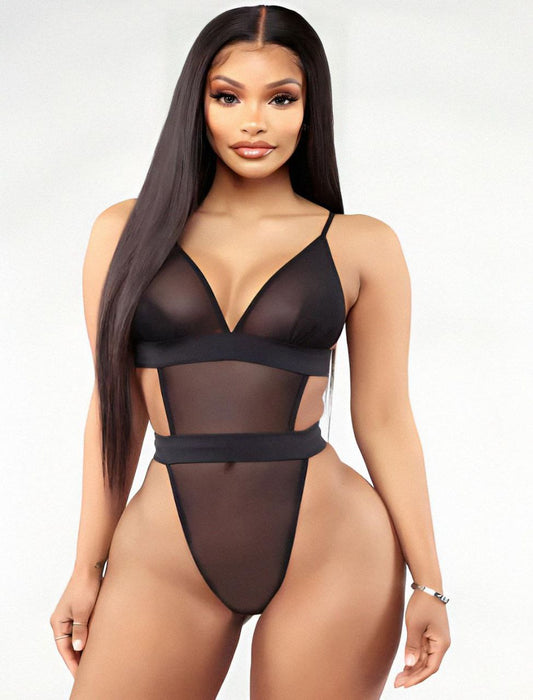 Siyah Transparan Şerit Detaylı Fantazi Body