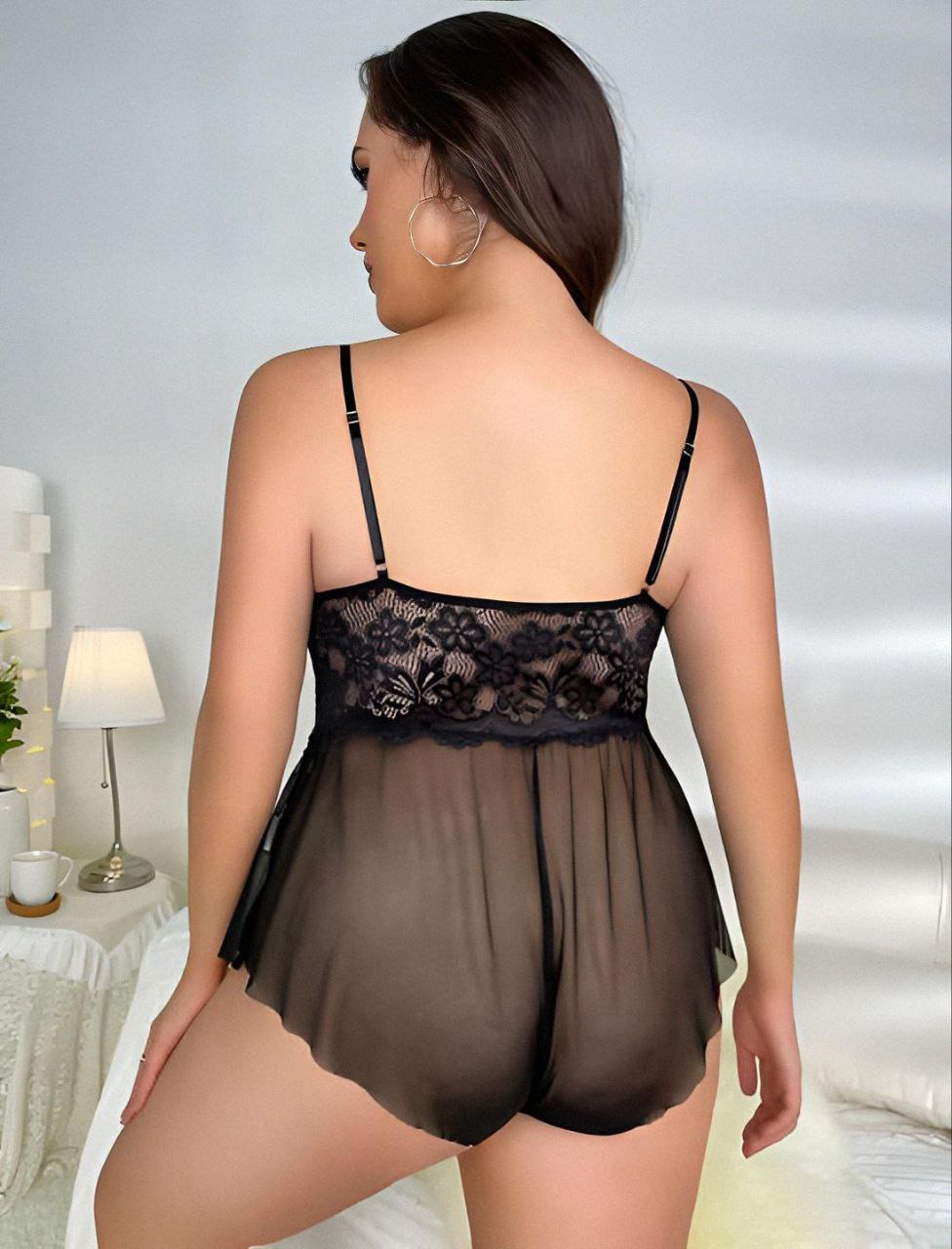 Siyah Dantel Çiçek Desenli Büyük Beden Babydoll