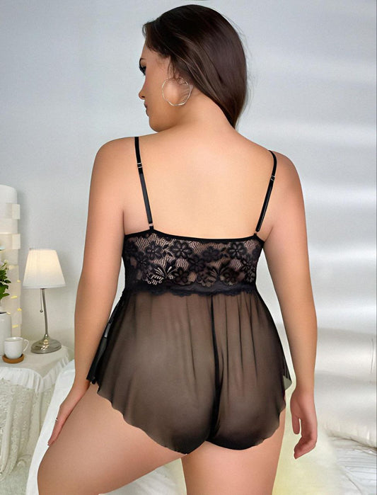 Siyah Dantel Çiçek Desenli Büyük Beden Babydoll