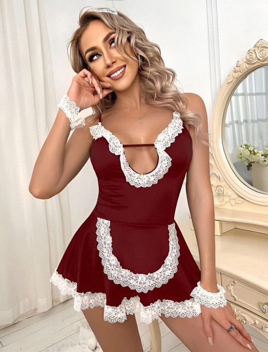 NG Lingerie Bordo Beyaz Fantezi Kostüm Seti