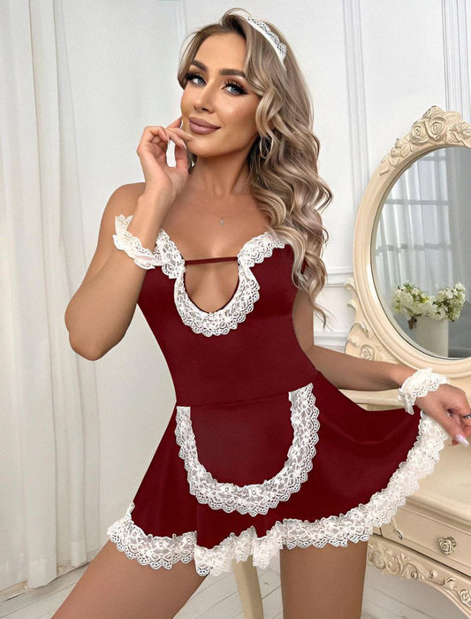 NG Lingerie Bordo Beyaz Fantezi Kostüm Seti